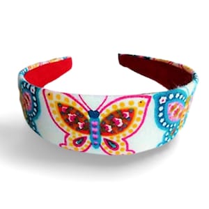 Butterflies Headband cotton fabric white background over plastic base 1.5 inches wide Handmade