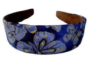 Handmade in USA,headband cotton fabric, butterflies in blues and gold plastic base for girls and adult women