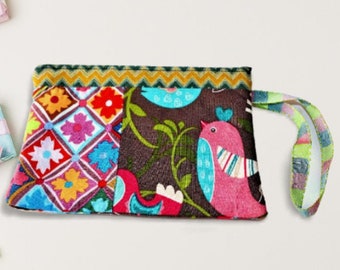 Handmade Cotton Zipper Pouch: Floral & Bird Print Wristlet