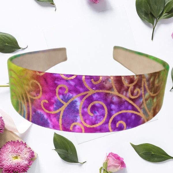 Batik multi color with gold lines Headband, hair bands, gifts for women and for girls,wide headband,cotton fabric,fashion headband headwrap.