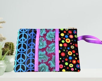 Small zipper pouch, wristlet zipper pouch, Phone Pouch, Small wallet pouch, in Cotton Fabric, Jewelry travel pouch, each side different.
