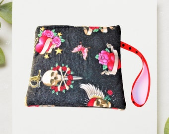 Cotton Wristlet Zipper Pouch: Skull & Rose Print, Travel Jewelry Pouch