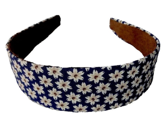 White Daisy Headband: Blue Floral Cotton Hair Band, Handmade in USA