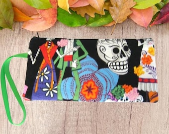 Day of the Death Zipper Pouch, Cotton Fabric Wristlet