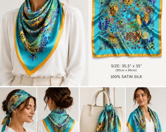 Turquoise Satin Silk Feel Scarf for Women, Large Square Scarf 35.5 x 35, Floral Neck Scarf, Head Scarf, Hair Wrap, Elegant Gift for Her