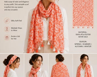 Coral Floral Long Scarf for Women, 35.5 x 72 Inch Lightweight Viscose Scarf, Elegant Shawl Wrap, Spring Summer Fashion Scarf, Beach Cover Up