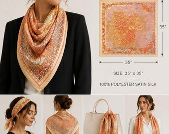 Women's Satin Silk Feel Floral Scarf, Large 35.5 x 35 Square Scarf, Orange Floral Head Scarf, Hair Wrap, Beach Shawl, Elegant Gift for Her