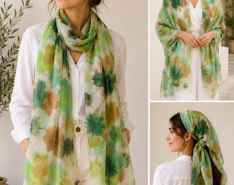 Women's Floral Long Scarf,Green Flower Viscose Feel Scarf,Lightweight Shawl Wrap,Spring Summer Scarf,Headscarf,Beach Cover Up,Gift for Women