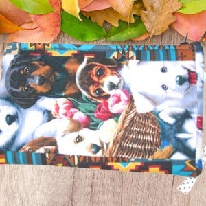 Hunde, kleine Reißverschlusstasche, Handgelenktasche, Handytasche, kleine Brieftasche, aus Baumwollstoff, Schmuckbeutel, jede Seite ist anders.