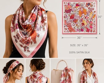 Pink Floral Satin Silk Feel Scarf for Women, Large 35x35 Square Scarf, Elegant Neck Scarf, Head Scarf, Hair Wrap, Feminine Gift for Her