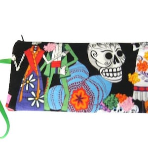Calaveras, día de la muerte, bolsa pequeña con cremallera, bolsa con cremallera para la muñeca, bolsa para teléfono, billetera pequeña, tela de algodón, bolsa de viaje para joyas, cada lado es igual