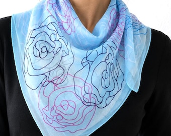 Women's Silk Feel Square Scarf Blue Floral Scarf, Elegant Satin Scarf, Head Scarf, Neckerchief, Hair Scarf, Bandana, Gift for Women