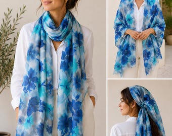 Blue Floral Long Scarf for Women, Lightweight Shawl Wrap, Watercolor Flower Scarf, Beach Cover Up, Headscarf, Boho Fashion, Gift for Her