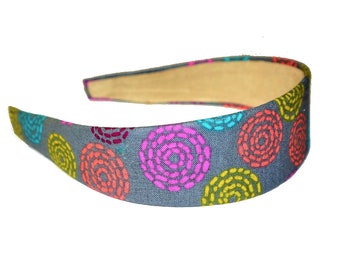 Grey Cotton Headband: Wide Band with Colorful Circles