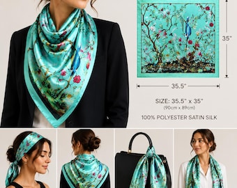 Turquoise Floral Bird Satin Scarf for Women, 35.5" Square Silk Feel Scarf, Floral Foulard, Head Scarf, Shawl Wrap, Beach Cover Up Gift