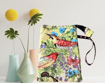 Floral Cotton Zipper Pouch: Handmade Wristlet Strap, 4x6 Travel Wallet