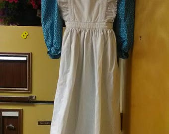 Teal and white pioneer dress, apron, bonnet set