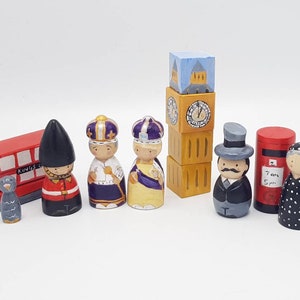 London. Small World. King. Queen. Big Ben. Bus. Postbox. Businessman. Pigeon. Pearly Queen. Grenadier. Guard. Peg dolls. Coronation