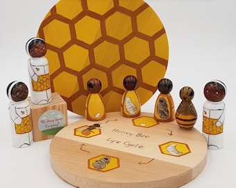 Bees. Beekeeper. Peg Dolls. Hive. Honeycomb. Life cycle. Science toy. Wooden toy. Honeybees. Playbase. STEAM. Educational toys. Montessori.