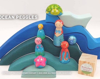 Peggles oceánicos. Sirena, criaturas marinas. Mundo pequeño. juguete de madera. Waldorf. montessori. educativo. recurso didáctico. muñecos de clavijas.