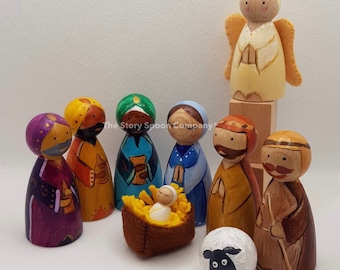 Nativity, holy family. Christmas.  Peg doll, shepherd, magi, wisemen. Sheep, angel, star. Christian. Montessori. Wooden toys. Family.