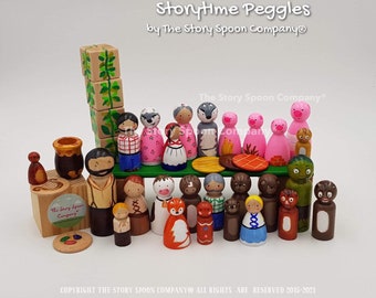 Storytime Super Set Peg Friends - Goldilocks - Jack & Beanstalk - Red Riding - 3 Pigs - Goats Gruff  - Gingerbread - Fairytales - peg dolls