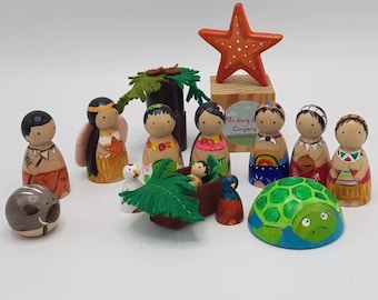 Hawaiianische Krippe. Familie. Dabei. Geschenk. Weihnachten. Christlich. Aus Holz. Handgefertigt. Artnr. Handarbeit. Einzigartig. Polynesische. Maori. Hawaii.