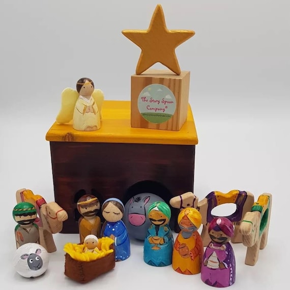 Nativity Peg Doll GIFT SET Collab w/Woodies, Wooden Nativity, Manger, Christmas Story, Advent, Epiphany, Three Kings, Wisemen, Gold,  Frankincense, and Myrrh Oil Set – Sheerah Ministries