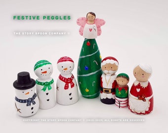 Festive Peg Friends. Santa Claus. Snowman. Elf. Tree. Snowlady. Christmas. Peg Dolls. Wooden Toys. Father Christmas. Stocking Filler.