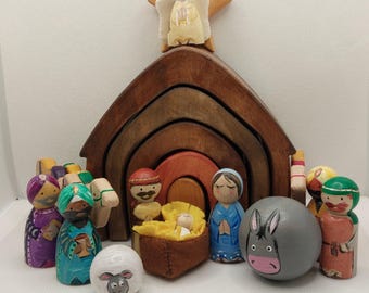 キリスト降誕セット。こけし。クリスマス。ペグドール。手作り。木の