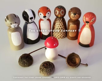 Acorn Wood Animal Peg Friends - woodland - creatures - peg dolls - fox - badger - bear - squirrel - owl - rabbit - waldorf - montessori