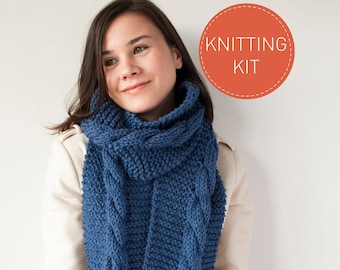 Oversized Scarf KNITTING KIT, Long Cable Knit Scarf DIY Kit, Beginners Knitting Pattern with Video, Chunky Wool Simple Basic Kniting Kit