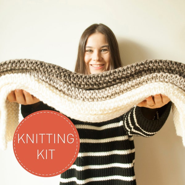 BLANKET KNITTING KIT, Simple 3 Colors Blanket Knitting Kit, Hobby Kits for Adults, Beginner Diy Knitting Kit, Chunky Wool Blanket Knitting