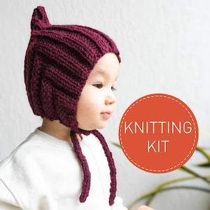 Kit de tricot simple bonnet lutin côtelé avec tutoriel vidéo, bonnet d'hiver pointu du nouveau-né à l'adulte, bonnet en laine pour enfants, cadeau femme enceinte