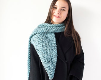 Blue Wool Scarf with Little Dots, Handknitted Cozy Winter Shawl, Long Scarf with Triangle Edges, Winter Gifts for Teens, Anniversary Gift