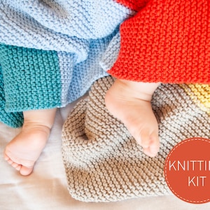 BABY BLANKET KNITTING kit Beginner Friendly, Nursery Throw Decor, Stripy Crib Quilt Diy, Mom to be Christmas Gift, Unique Newborn Gift