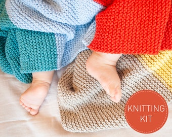 BABY BLANKET KNITTING kit Beginner Friendly, Nursery Throw Decor, Stripy Crib Quilt Diy, Mom to be Christmas Gift, Unique Newborn Gift