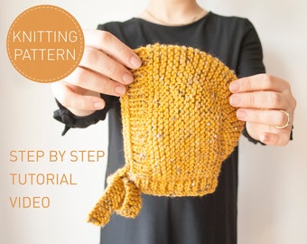 Baby Bonnet Knitting PATTERN with Tutorial Video, Instructions for Baby Hat with Straps, Instant Download PDF