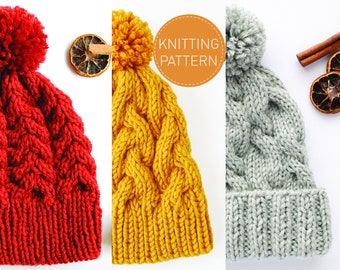 Pompom Hat KNITTING PATTERNS Set of 3, Cable Winter Hat Knit Patten, Chunky PomPon Hat How to Knit Tutorial, Woman Beanie Knit PDF Booklet