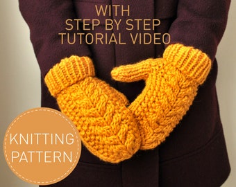 Cozy Cable Mittens Knitting Pattern, Chunky Knitted Winter Mitts for Adults Instructions with Video Tutorial