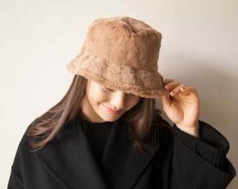 Soft Vegan Fur Bucket Hat, Fluffy Warm Bucket Hat for Her, Fake Rabbit Winter Hat, Vintage Style Russian Hat for Her, Fuzzy Women Bucket Hat