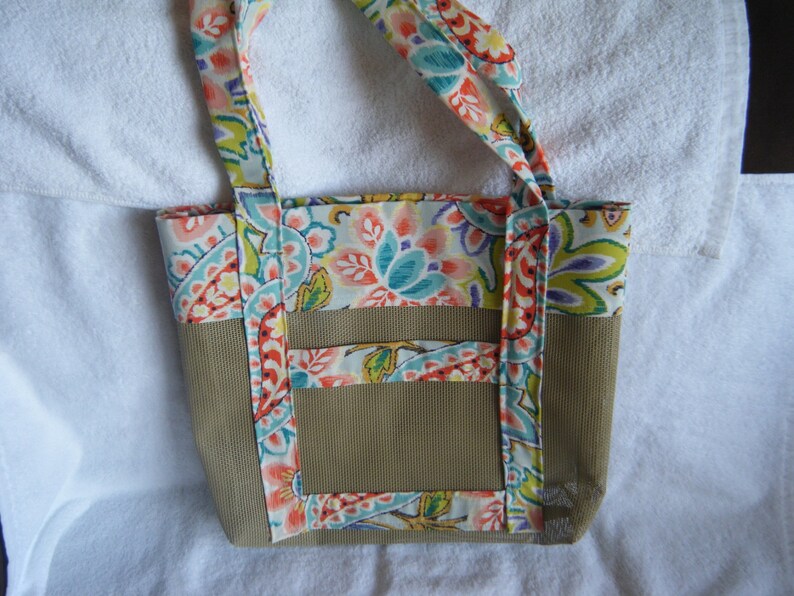 Two Outside Pockets Tan Vinyl Mesh Tote Bag with Paisley Print Mothers Day Gift Ready to Ship Market Bag Beach Bag Gym Bag
