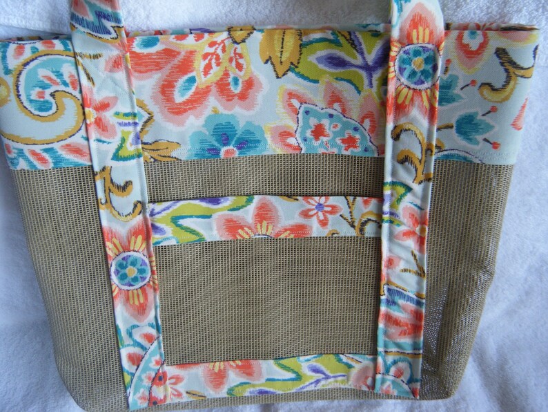 Two Outside Pockets Tan Vinyl Mesh Tote Bag with Paisley Print Mothers Day Gift Ready to Ship Market Bag Beach Bag Gym Bag