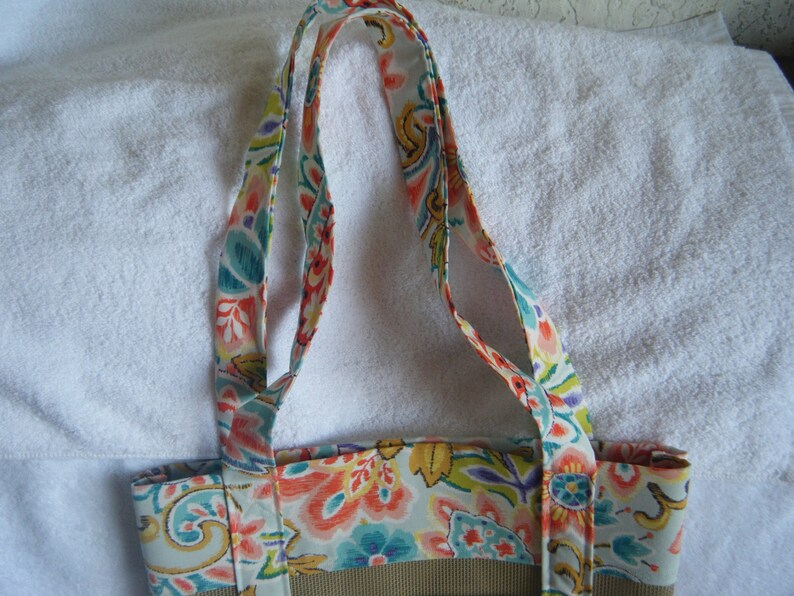 Two Outside Pockets Tan Vinyl Mesh Tote Bag with Paisley Print Mothers Day Gift Ready to Ship Market Bag Beach Bag Gym Bag