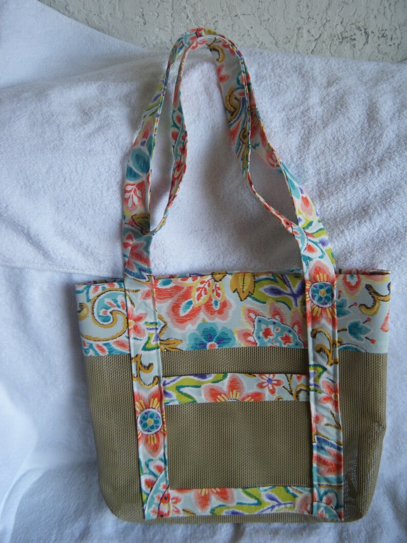 Two Outside Pockets Tan Vinyl Mesh Tote Bag with Paisley Print Mothers Day Gift Ready to Ship Market Bag Beach Bag Gym Bag