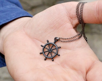Christmas Sale Mens necklace mens pendant Mens black Necklace Helm Necklace Ship Wheel Necklace Nautical Necklace Men's Jewelry For Men N