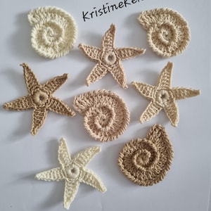 May include: A collection of eight crocheted appliques featuring three starfish and three spiral seashells in various shades of cream, beige, and tan. The text Kristinekeita is printed in black ink above the crocheted items on a plain white surface.