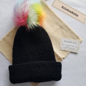 Knit beanie,adult hat,winter hat,autumn hat,double layered hat,faux fur pompom hat,beanie hat,winter beanie,knitted hat,black hat,soft hat