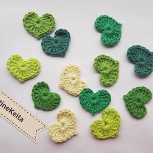 Heart appliques,12 Crochet heart appliques,heart motifs,embellishments,Scrapbook,sewing,green hearts,Valentine's day decor,card making