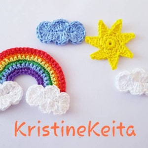 Aplicación arco iris de ganchillo, aplique de sol, motivo de nube, costura, fabricación de tarjetas, scrapbooking, aplique de arco iris de algodón, aplicaciones arco iris y nube